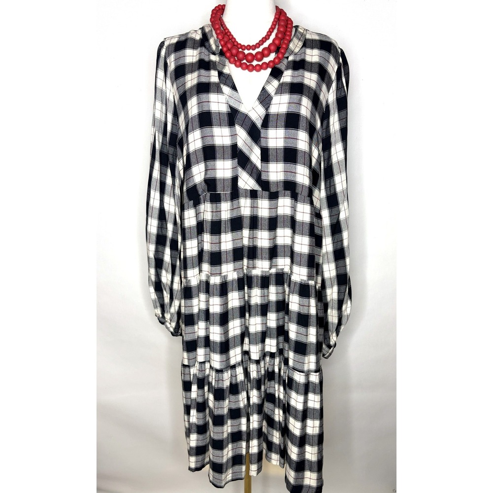 Maeve by Anthropologie Black White Plaid Tiered V-Neck Midi Dress XL Viscose